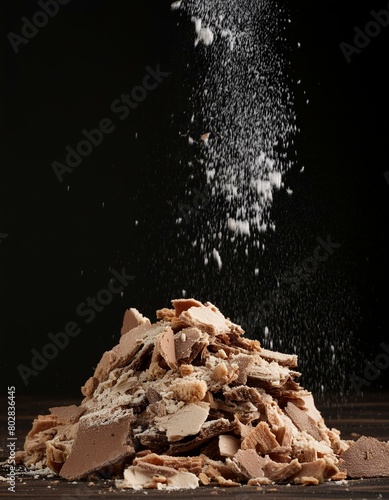 Pile cake crumbs, cookie flying isolated on black, clipping path photo