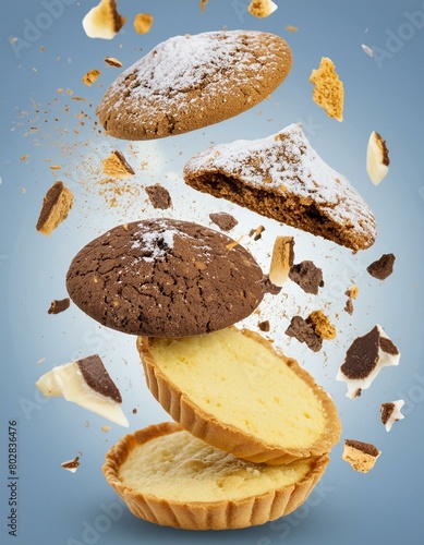 Pile cake crumbs, cookie flying isolated on blue, clipping path photo