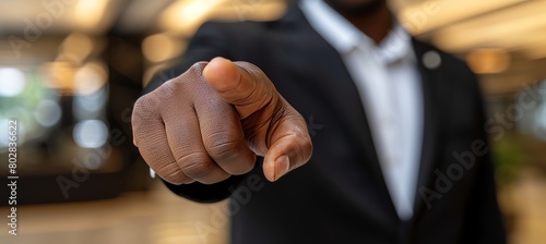 Businessman inspires with gesture, pointing directly at viewer, motivation and success concept