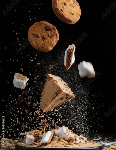 Pile cake crumbs, cookie flying isolated on black, clipping path photo