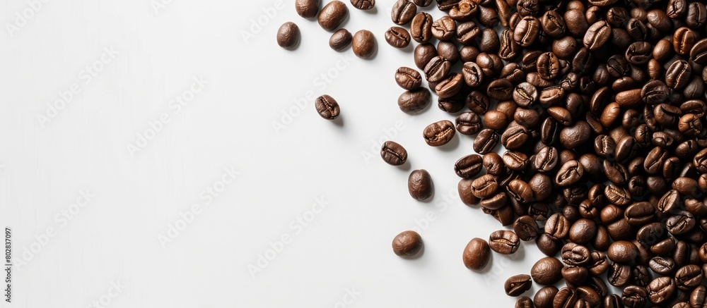 Above a stack of coffee beans on a white backdrop, there is ample space for text design in a simple layout. Above a stack of coffee beans on a white backdrop, there is ample space for text design in a simple layout.