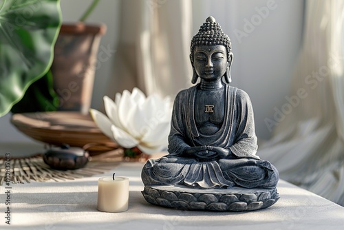 Buddha statue in meditation with lotus flower on light neutral background. Selective focus. Meditation  spiritual health  peace  searching zen concept