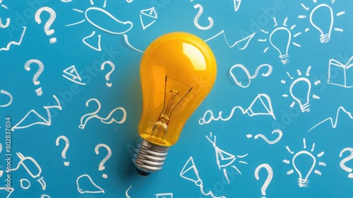 A bright yellow lightbulb stands out against a blue background, surrounded by whimsical white drawings of thought symbols and question marks