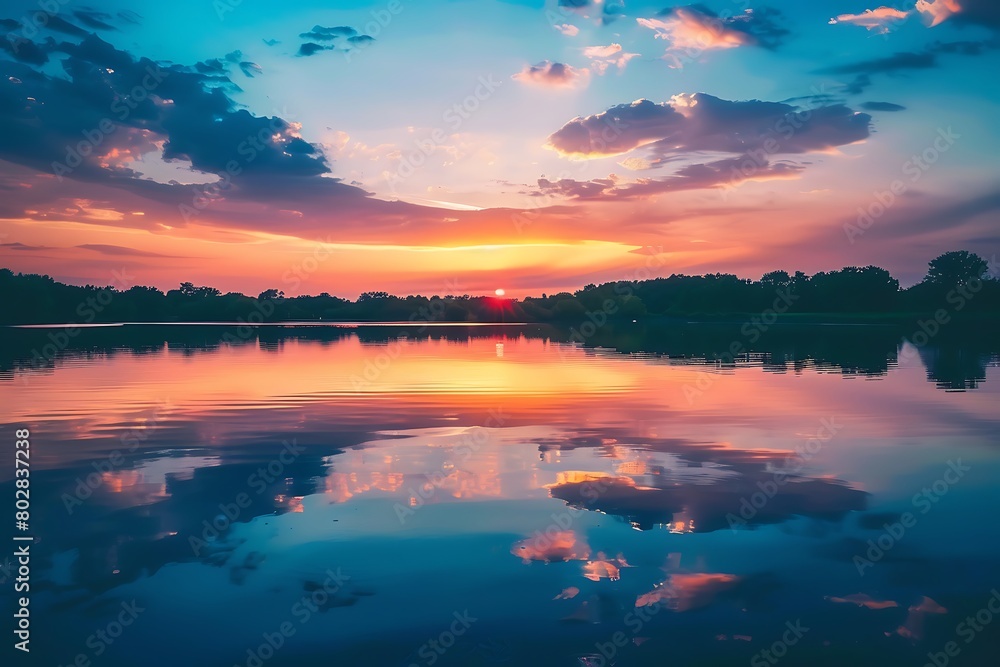 A tranquil lake reflecting the colors of a sunset.