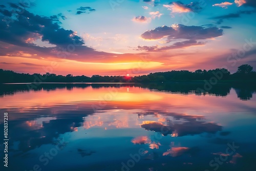 A tranquil lake reflecting the colors of a sunset.