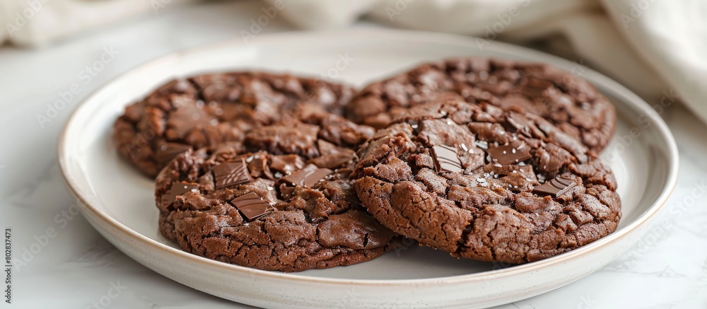 Chocolate cookies made at home on a white plate with a close-up shot. Chocolate cookies made at home on a white plate with a close-up shot.