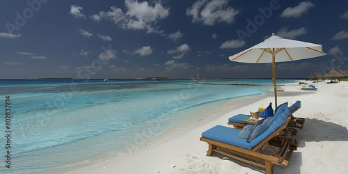 A beach with a white umbrella and two blue lounge chairs