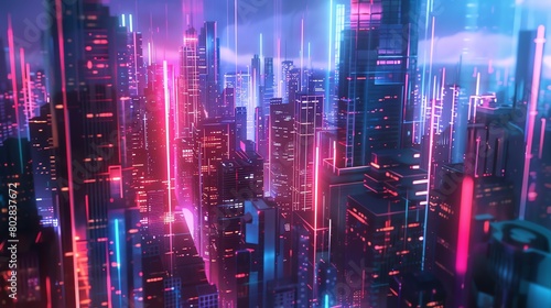 Fototapeta Naklejka Na Ścianę i Meble -  A cyberpunk city with neon lights. The city is full of skyscrapers and the streets are filled with people.