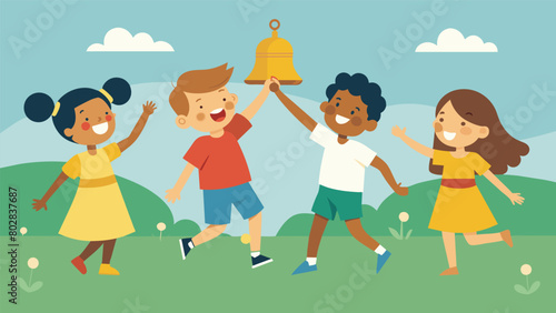A depiction of a group of children playing with a bell representing the joy and innocence of newfound freedom.. Vector illustration