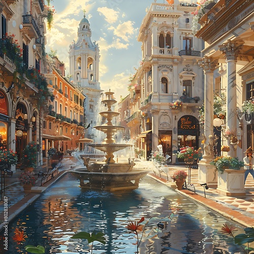 A beautiful Baroque fountain in a bustling square, its waters dancing in the sunlight, surrounded by elegant buildings. A symbol of urban elegance. exquisite performances.