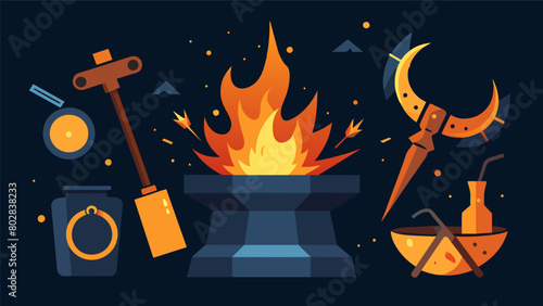 A blacksmith forging horseshoes and other metal goods over a glowing fire creating sparks that dance in the air.. Vector illustration