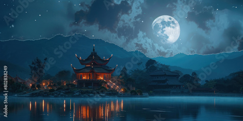 traditional Chinese house gently perched beside a tranquil lake, illuminated by the soft glow of a full moon