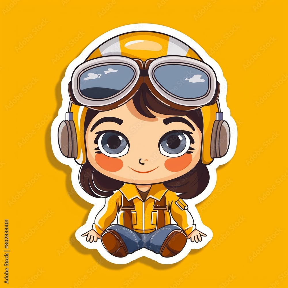 a cute young pilot illustration style sticker with white outline on yellow background without any shadow or gradient.