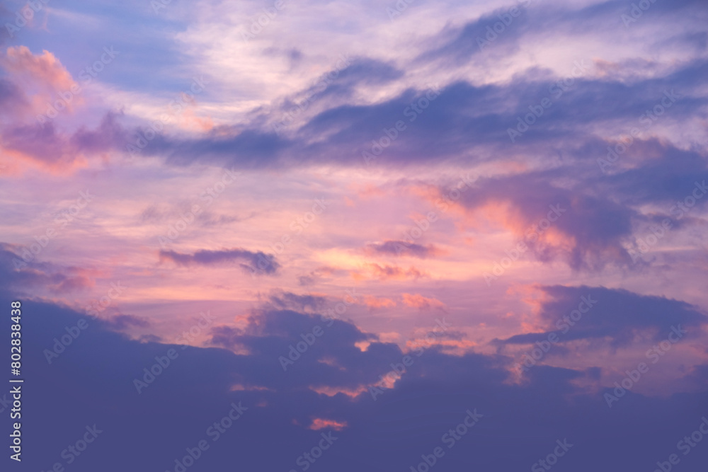 beautiful sunset, pink and purple sky with gradients, dark clouds, concept transcendence, seasonal change of weather, Idyllic evening, Heaven and infinity