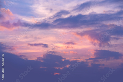 beautiful sunset, pink and purple sky with gradients, dark clouds, concept transcendence, seasonal change of weather, Idyllic evening, Heaven and infinity