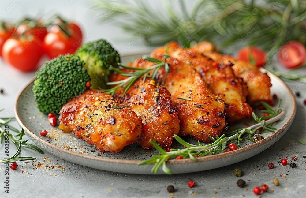 Vibrant still life featuring succulent fried chicken chops, adorned with spices, alongside fresh tomatoes and broccoli Vibrant still life featuring succulent fried chicken chops, adorned with spices, alongside fresh tomatoes and broccoli