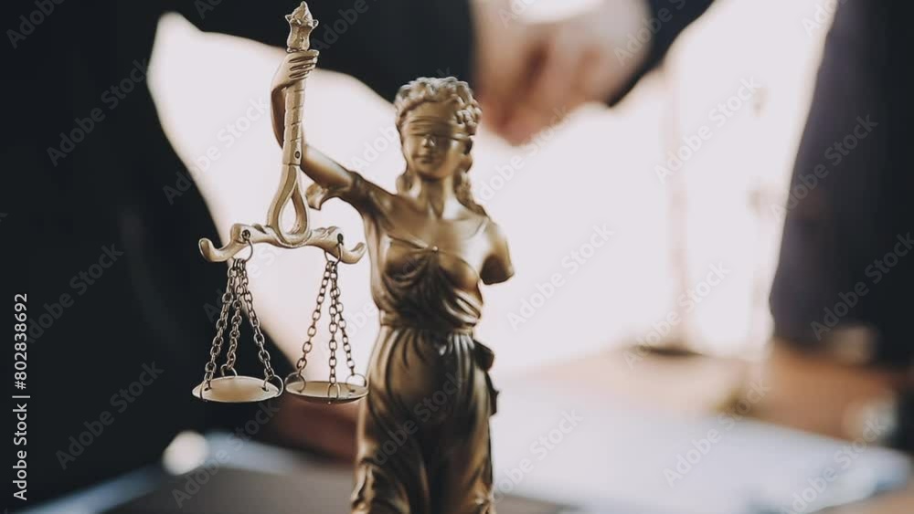 Lawyer shaking hands with a client making about documents, contracts, agreements, cooperation agreements with a female client at the lawyer's desk and a hammer at the table. Lawyer shaking hands with a client making about documents, contracts, agreements, cooperation agreements with a female client at the lawyer's desk and a hammer at the table.