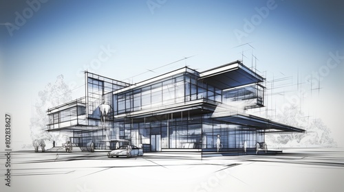 Sketch design of wireframe of building. Digital project visualization. © Muhammad
