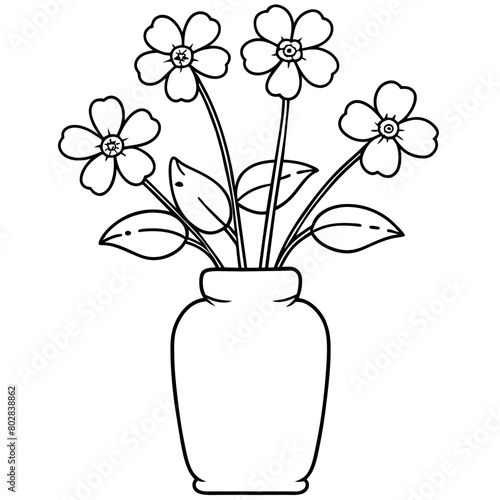 Forget Me Not Flower on the vase outline illustration coloring book page design, Forget Me Not Flower on the vase black and white line art drawing coloring book pages for children and adults

