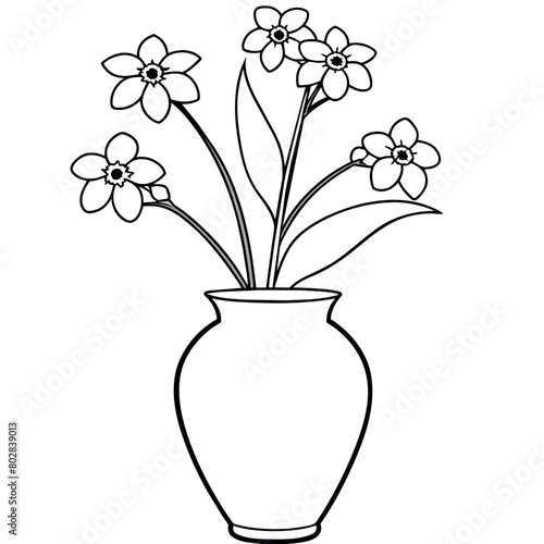 Forget Me Not Flower on the vase outline illustration coloring book page design, Forget Me Not Flower on the vase black and white line art drawing coloring book pages for children and adults
