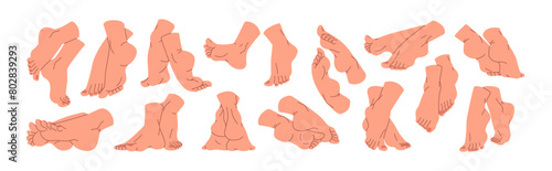 Barefoot female feet in different poses set. Bare human legs anatomy from various sides, views. Toes, fingers with pedicure. Tiptoe, walk, step. Flat isolated vector illustrations on white background
