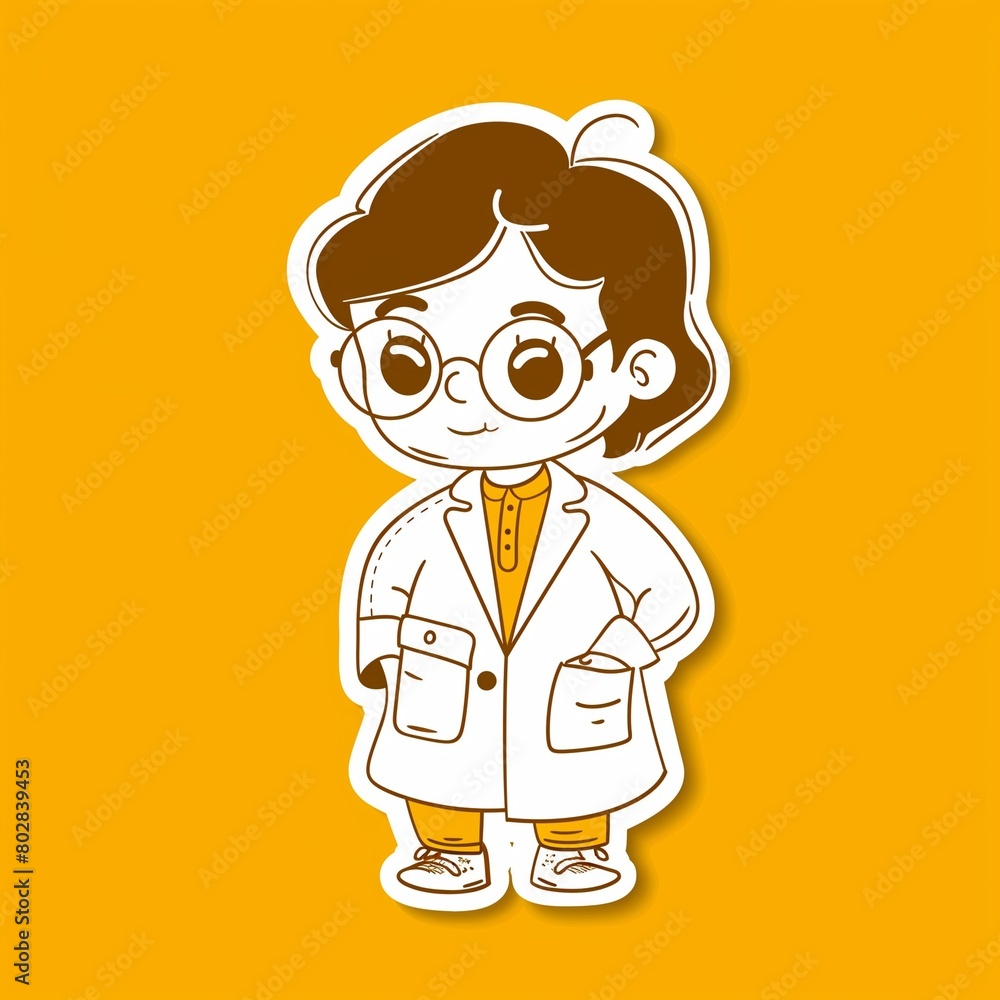 a cute young scientist illustration style sticker with white outline on yellow background without any shadow or gradient.