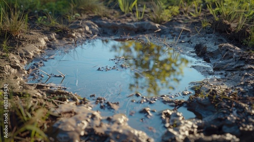 An enchanting image of a mud-filled pond  its still surface reflecting the surrounding landscape and inviting exploration on International Mud Day.