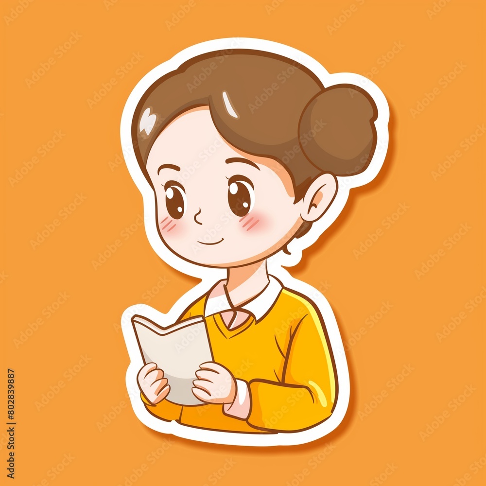 a cute young teacher illustration style sticker with white outline on yellow background without any shadow or gradient. a cute young teacher illustration style sticker with white outline on yellow background without any shadow or gradient.