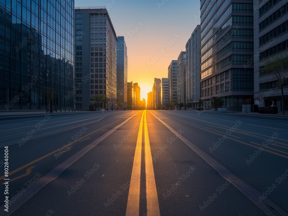 A serene cityscape at sunrise with golden light casting long shadows on an empty street.