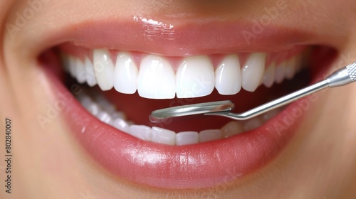 Close-up of young female having her teeth examined isolated on white background.