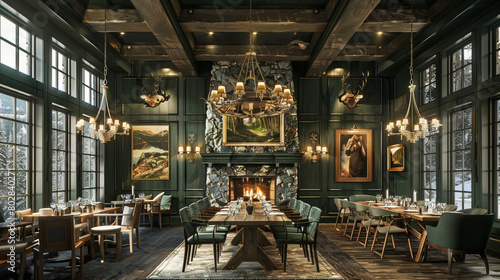 Rustic dining room in a lodge with green wooden walls and traditional chandeliers.