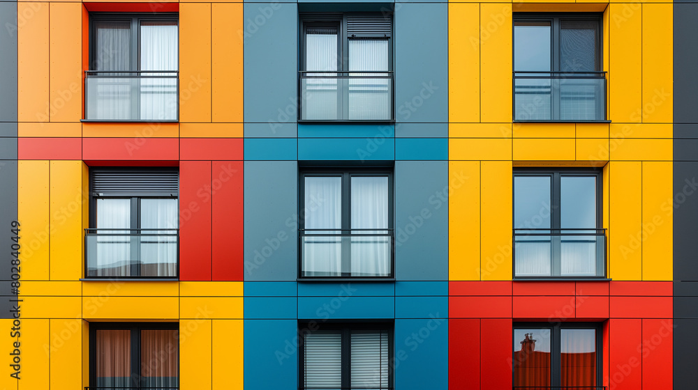 A colorful facade of an apartment building with large windows