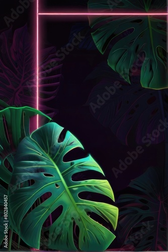 Neon light with tropical leaf summer background. Close up of bright neon leaves background. Close-up of bright neon colored leaves as an abstract background. Neon leaf background