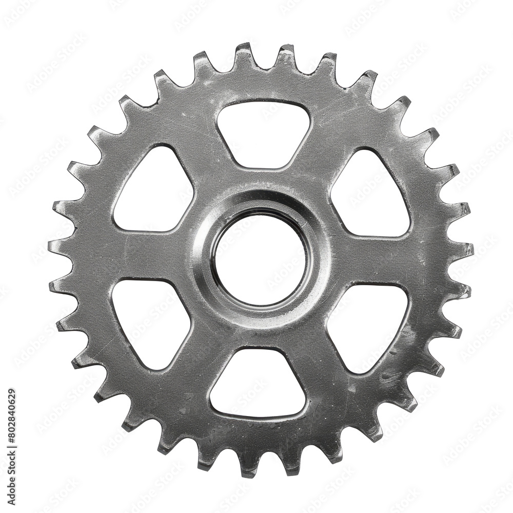 Design concept - top view of metal gear isolated on white background for mockup. real photo, not 3D render Design concept - top view of metal gear isolated on white background for mockup. real photo, not 3D render