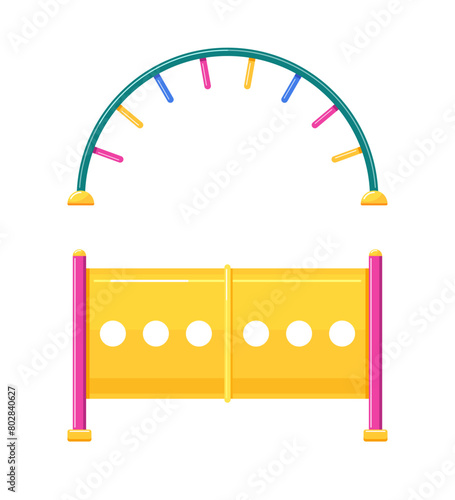 Outdoor play tunnel and curved ladder climber for kids summer games on playground, children area in park, kindergarten or school yard. Vector flat cartoon illustrations