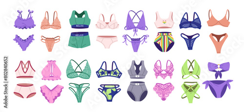 Lingerie set. Different models of woman underwear. Sexy lace panties, thong panty. Various stylish bikini, swimsuit, sports bra, pajamas knickers. Flat isolated vector illustration on white background