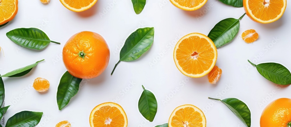 Oranges with green leaves and a slice, displayed on a white background from a top-down perspective