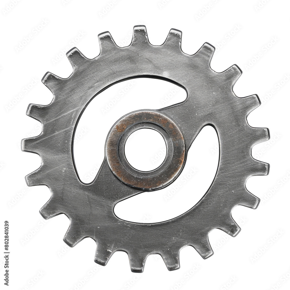 Design concept - top view of metal gear isolated on white background for mockup. real photo, not 3D render Design concept - top view of metal gear isolated on white background for mockup. real photo, not 3D render
