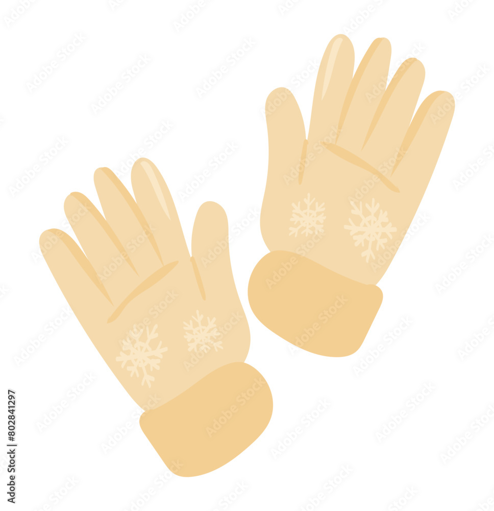 Obraz premium Сute winter gloves in flat design. Seasonal mittens model with snowflakes. Vector illustration isolated.