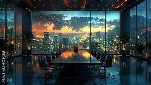 Construct an image of a high-powered boardroom meeting, characterized by sleek aesthetics, advanced AV equipment, and an atmosphere of decisive action. photo
