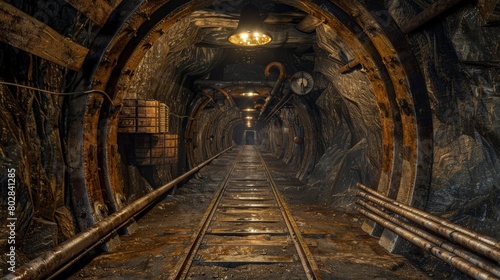 An atmospheric view of a dark  eerie mine tunnel illuminated by hanging lamps  featuring old railway tracks and mining carts.