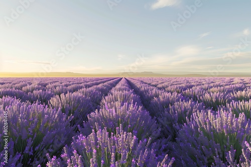 A vast field of lavender stretches towards the horizon bathed in sunlight  under a cloudless expanse of sky.