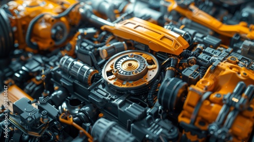 Highly detailed close-up of complex machinery parts in orange and black, showcasing engineering precision and mechanical design.