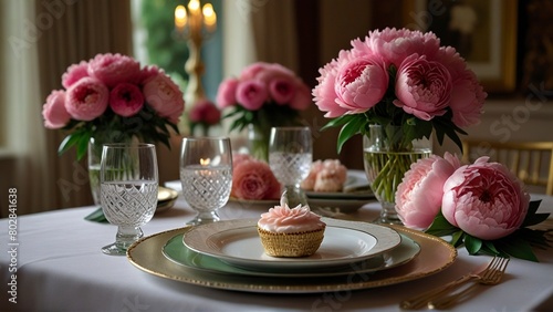 Holiday tablescape, formal dinner table setting, peony flowers table scape with peonies decoration for wedding party and event celebration, generative ai © Shahzaib