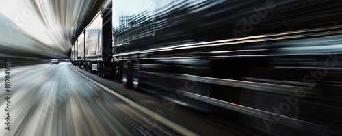 Dynamic shot of speeding truck convoys on a highway, emphasizing motion and transport logistics photo