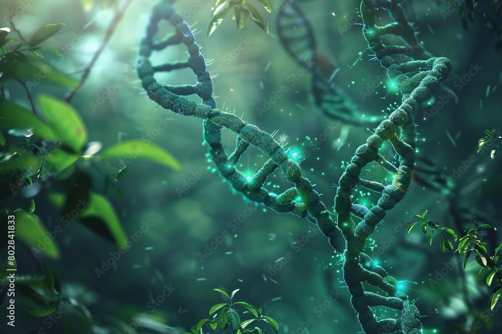 Fototapeta premium Illuminated DNA Strands in Mystical Forest