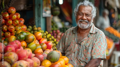 An old man selling fruits and vegetables at the market.