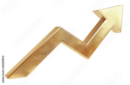Gold up arrow success isolated on white 3d background with growth direction graph graphic symbol or golden economy stock profit chart icon element and investment financial achievement market