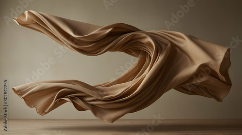 A stunning piece of fabric, seemingly suspended in mid-air, catches the eye with its warm beige tones and intricate texture. The way it gracefully moves and billows in the wind is mesmerizing, almost 
