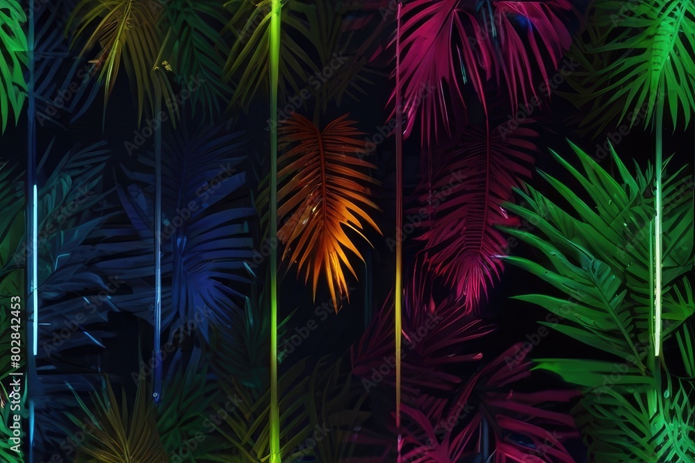 Neon light with tropical leaf summer background. Close up of bright neon leaves background. Close-up of bright neon colored leaves as an abstract background. Neon leaf background